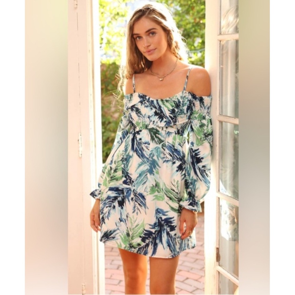 Adelyn Rae Tropical Palm Print Smocked Cold Shoulder Dress Blue Green XL Beach
